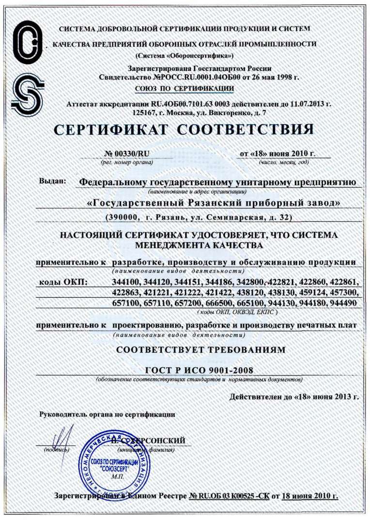 Государственный Рязанский приборный завод сертификаты